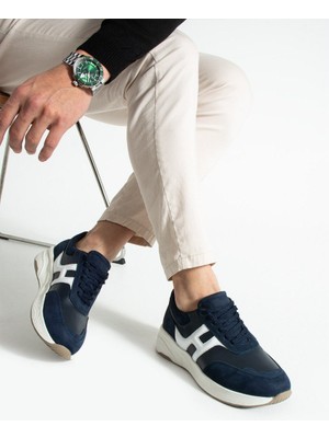 Erkek Lacivert Süet-Deri Rahat Taban Günlük Sneaker Ayakkabı