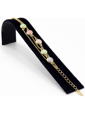 Pangu Çok Zincirli Yuvarlak Renkli Taş Detaylı Altın Renk Çelik Bileklik