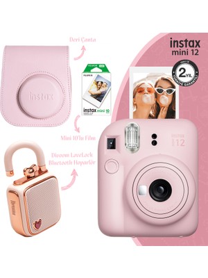 Fujifilm Instax Mini 12 Pembe Fotoğraf Makinesi Deri Çanta 10'lu Film ve Divoom Lovelock Bluetooth Hoparlör Seti