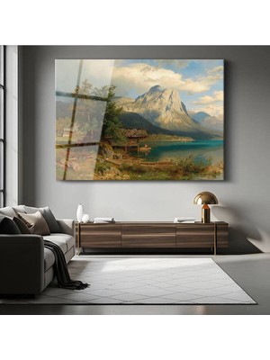 TosbArt Albert Bierstadt Dağ Gölü Peyzaj Manzarası Temperli Cam Tablo Sanat Tablosu Dekoratif Tablo