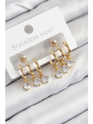 Net Damla Pirinç Sallantılı Zirkon Taşlı Model Gold Renk Kadın Küpe