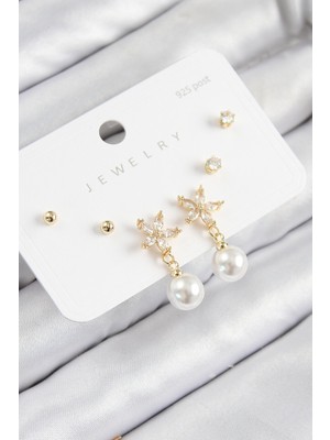 Net Damla Pirinç Zirkon Taşlı Inci Sallantılı Çiçek Model Gümüş Renk 925 Ayar Gümüş Çivi Kadın Küpe Set