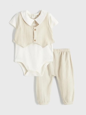 LC Waikiki Ekru Yelek Görünümlü Müslin Erkek Bebek Çıtçıtlı Body ve Pantolon  (S6)