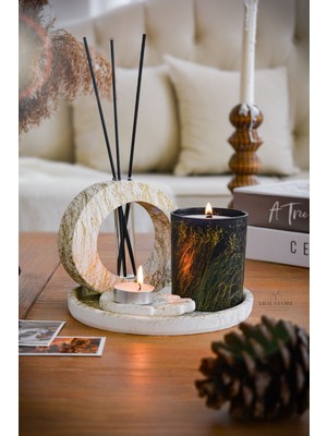 PremiumPort Mermer Desenli Gold Varak Soya Wax Mum ve Vazo Seti, Şık Hava Kokusu