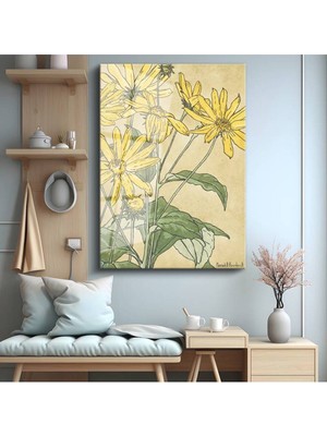 TosbArt Hannah B. Overbeek Sarı Papatya Çiçekleri Temperli Cam Tablo Sanat Tablosu Dekoratif Tablo