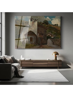 TosbArt Jean-Baptiste-Camille Corot Italyan Köy Kilisesi Mimari Temperli Cam Tablo Sanat Tablosu