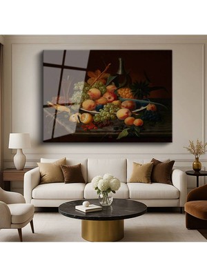 TosbArt Johann Wilhelm Preyer Şeftali Üzüm Natürmort Resmi Temperli Cam Tablo Sanat Tablosu Dekoratif Tablo