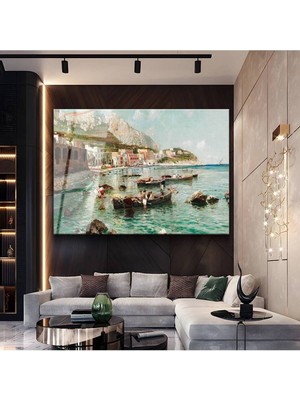 TosbArt Federico Nerly Capri Kıyıları Deniz Manzarası Temperli Cam Tablo Sanat Tablosu Dekoratif Tablo