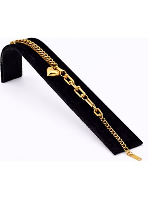 Pangu Kalp Detaylı Altın Renk Zincir Çelik Bileklik