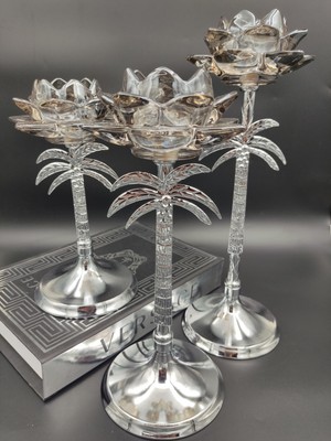 PremiumPort Şık Palmiye Şamdan Seti, Krom Renk, 3 Farklı Boyutlu Dekorasyon Parçası