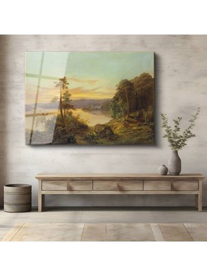 TosbArt Albert Bierstadt Göl Doğa Manzarası Temperli Cam Tablo Sanat Tablosu Dekoratif Tablo