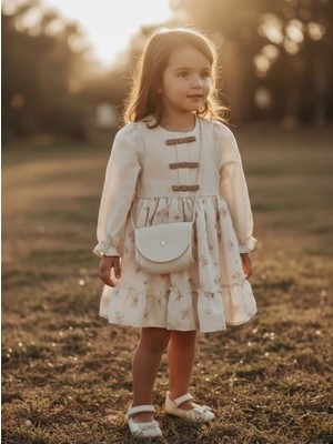 Danuna Kids Kız Çocuk Uzun Kollu Fiyonklu Fırfırlı Pamuklu Tül Astarlı Vintage Elbise -Çantalı Elbise -Krem