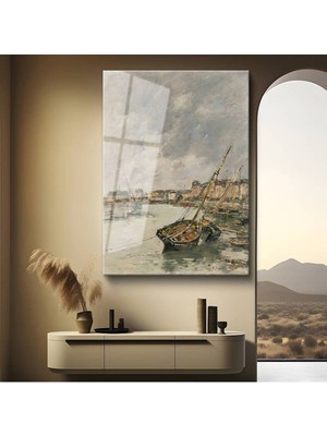 TosbArt Eugène Boudin Liman Tekne Manzarası Temperli Cam Tablo Sanat Tablosu Dekoratif Tablo