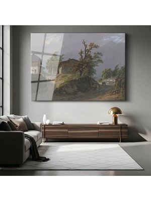 TosbArt Caspar Wolf Dağ Köyü Kırsal Manzarası Temperli Cam Tablo Sanat Tablosu Dekoratif Tablo