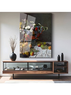 TosbArt Claude Monet Çiçek Meyve Natürmort Kompozisyon Temperli Cam Tablo Sanat Tablosu Dekoratif Tablo