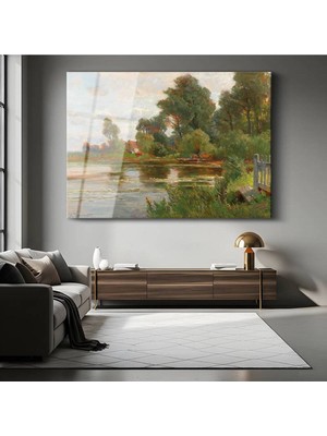 TosbArt Henri Harpignies Nehir Kıyısı Doğa Resmi Temperli Cam Tablo Sanat Tablosu Dekoratif Tablo