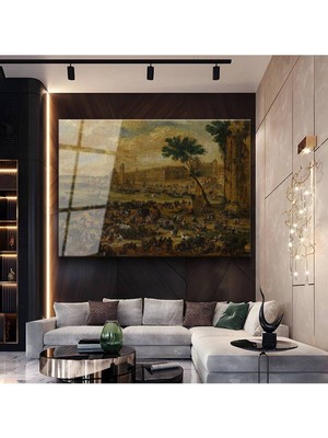 TosbArt David Teniers Saray Önü Kalabalık Manzara Temperli Cam Tablo Sanat Tablosu Dekoratif Tablo