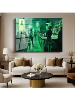 TosbArt Midjourney Yeşil Bar Dijital Iç Mekan Resmi Temperli Cam Tablo Sanat Tablosu Dekoratif Tablo