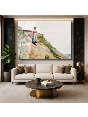 TosbArt Winslow Homer Girl On A Cliff Kayalık Kız Portresi Temperli Cam Tablo Sanat Tablosu Dekoratif Tablo