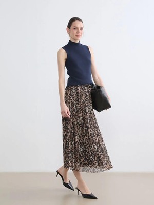 LC Waikiki Kahverengi Beli Kemerli Desenli Şifon Pileli Etek  (S6)