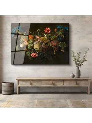 TosbArt Jan Davidsz De Heem Meyve Çiçek Natürmort Sanatı Temperli Cam Tablo Sanat Tablosu Dekoratif Tablo