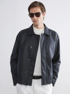 LC Waikiki Siyah Rahat Kalıp Gömlek Yaka Erkek Deri Görünümlü Ceket  (S6)