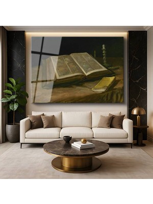 TosbArt Vincent Van Gogh Açık Kitap Natürmort Resmi Temperli Cam Tablo Sanat Tablosu Dekoratif Tablo