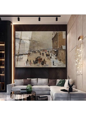 TosbArt Edward Seago Londra Sokak Şehir Manzarası Temperli Cam Tablo Sanat Tablosu Dekoratif Tablo