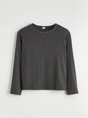 LC Waikiki Gri Bisiklet Yaka Taşlı Kız Çocuk Tişört  (S6)