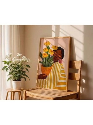 AR AJANS KANVAS TABLO Saksıda Çiçek ve Kadın Çerçeveli Mdf Tablo