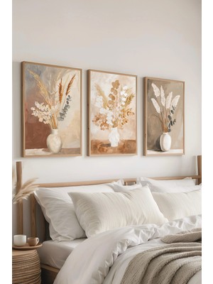 AR AJANS KANVAS TABLO Boho Dried Flowers 3’lü Set Çerçeveli Dekortif Mdf Tablo