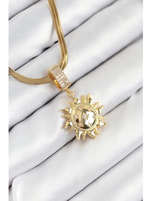 Net Damla 316L Çelik Zirkon Taşlı Güneş Model Gold Renk Kadın Kolye
