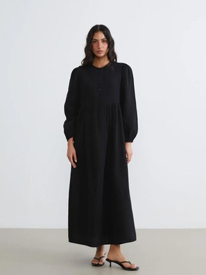 LC Waikiki Siyah Bisiklet Yaka Balon Kollu Müslin Elbise  (S6)