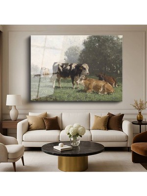 TosbArt Anonim Çayırdaki Inekler Çiftlik Hayvanları Resmi Temperli Cam Tablo Sanat Tablosu Dekoratif Tablo