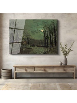 TosbArt John Atkinson Grimshaw Ay Işığı Malikâne Gece Temperli Cam Tablo Sanat Tablosu Dekoratif Tablo