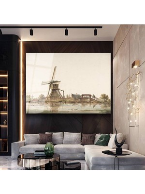TosbArt Jan Van Der Heyden Hollanda Değirmeni Köprü Resmi Temperli Cam Tablo Sanat Tablosu Dekoratif Tablo