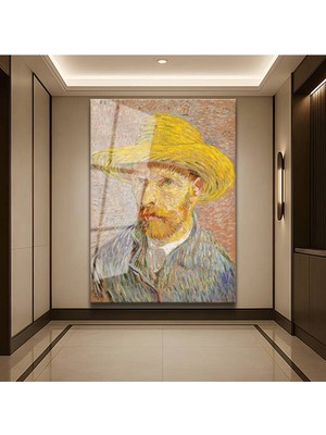 TosbArt Vincent Van Gogh Sarı Hasır Şapkalı Otoportre Temperli Cam Tablo Sanat Tablosu Dekoratif Tablo