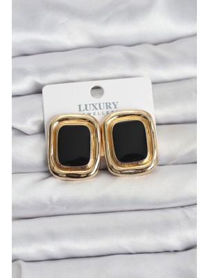 Net Damla Siyah Mineli Kare Gold Renk Vintage Kadın Küpe