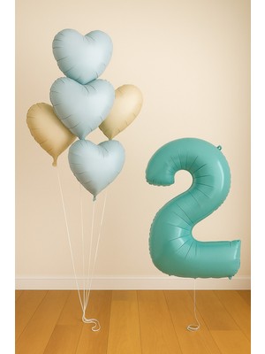 -2- Yaş Retro Mavi Rakam Folyo Balonlu Kalpli Doğum Günü Seti