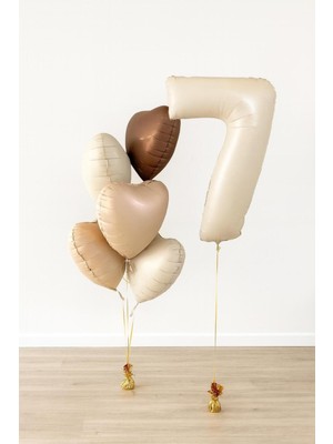 -7- Yaş Retro Bej Rakam Folyo Balonlu Kalpli Doğum Günü Seti