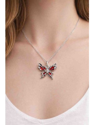 Mira Kırmızı Detaylı Kelebek Figürlü Parlak Gümüş Renk Kadın Kolye