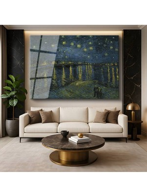 TosbArt Vincent Van Gogh Rhône Üzerinde Yıldızlı Gece Nehir Temperli Cam Tablo Sanat Tablosu