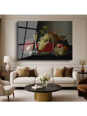 TosbArt Edward Ladell Şampanya Meyveler Natürmort Resmi Temperli Cam Tablo Sanat Tablosu Dekoratif Tablo