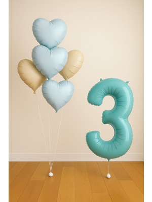 -3- Yaş Retro Mavi Rakam Folyo Balonlu Kalpli Doğum Günü Seti
