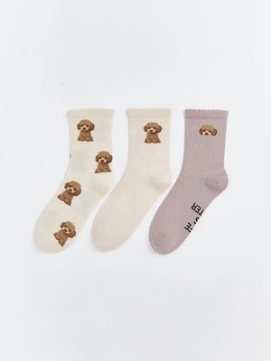 LC Waikiki Ekru Köpek Baskılı Kadın Soket Çorap 3 Lü  (S6)