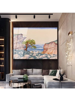 TosbArt Nicholas Roerich Dağlar Arası Çam Ağacı Temperli Cam Tablo Sanat Tablosu Dekoratif Tablo