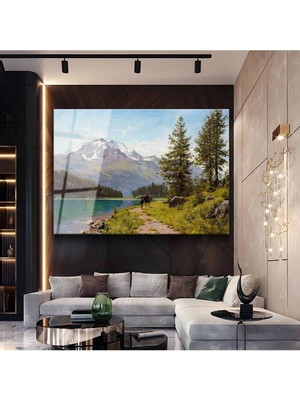 TosbArt Albert Bierstadt Dağ Gölü Doğa Manzarası Temperli Cam Tablo Sanat Tablosu Dekoratif Tablo