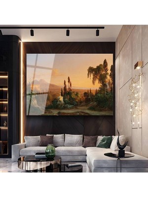 TosbArt Carl Rottmann Napoli Körfezi Günbatımı Temperli Cam Tablo Sanat Tablosu Dekoratif Tablo