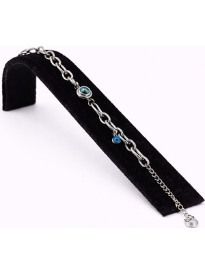 Pangu Nazar Boncuk Detaylı Gümüş Renk Çelik Zincir Bileklik