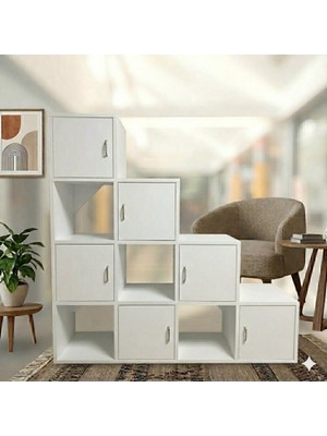 Mukotoys Beyaz Kademeli Basamak Kitaplık ve Çok Amaçlı Düzenleyici Dolap (6 Kapaklı & 4 Açık Raflı)